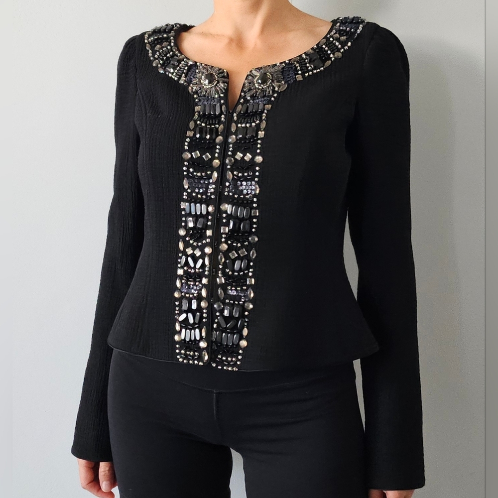 Rickie Freeman Teri Jon Black 100% Wool Jacket Womens Stones Beaded Formal Sz 6